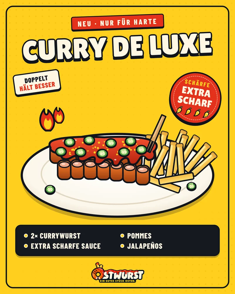 Curry de Luxe: zwei Currywürste mit Pommes, extra scharfer Sauce und Jalapeños